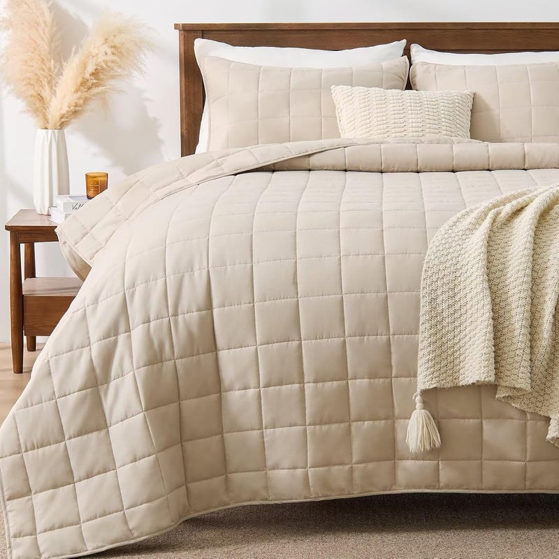 EMME Quilts Twin Size Bedding Sets, Beige Bedspread Soft Pre-Washed Quilt Winter Bed Sets, 2 Piece Cozy Reversible Microfiber Bed Coverlet with Pillow Sham (Square Pattern,66"x90") - Image 1
